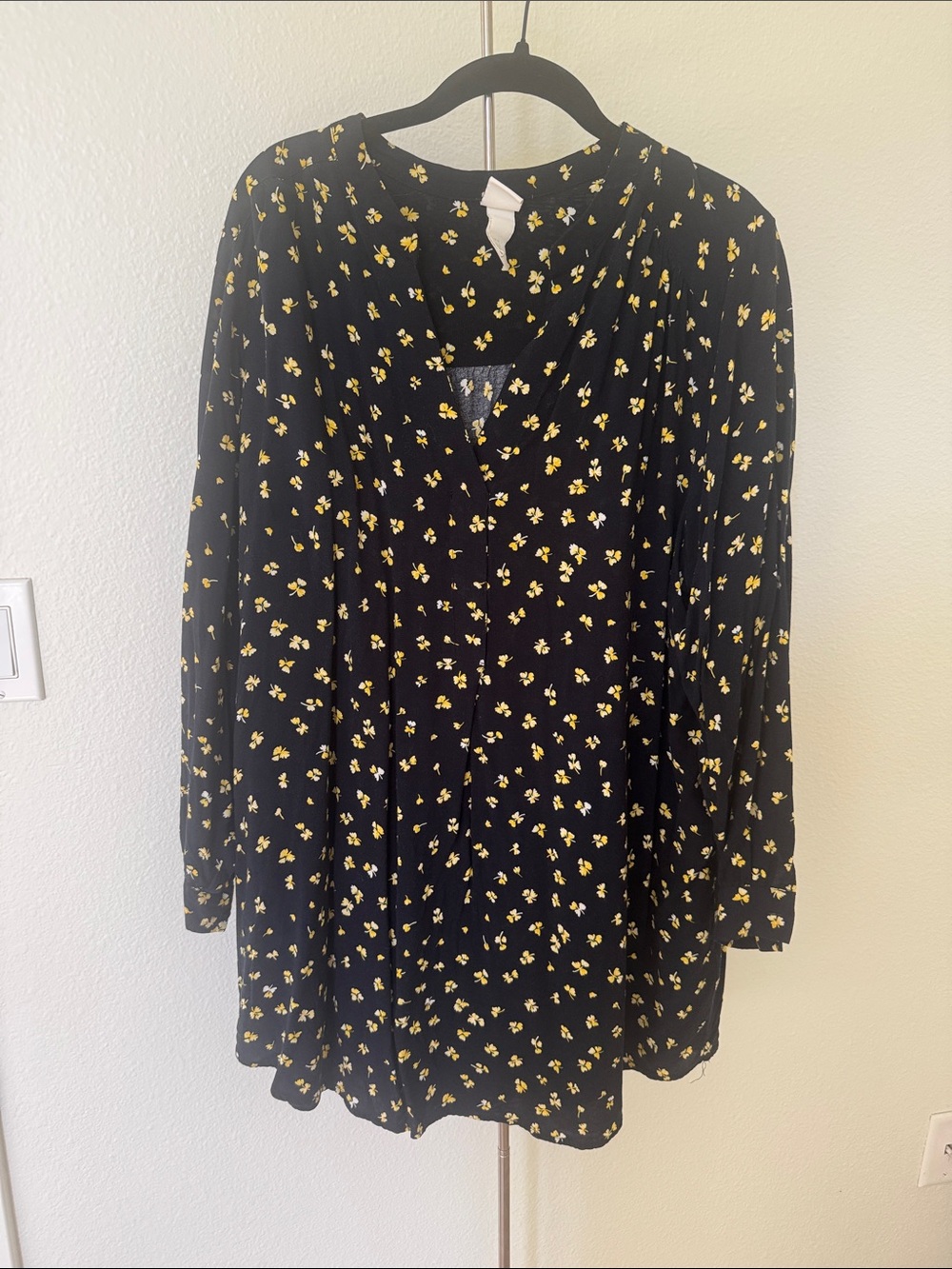 H&M Black Long-Sleeve Mini Dress with Yellow Floral Print